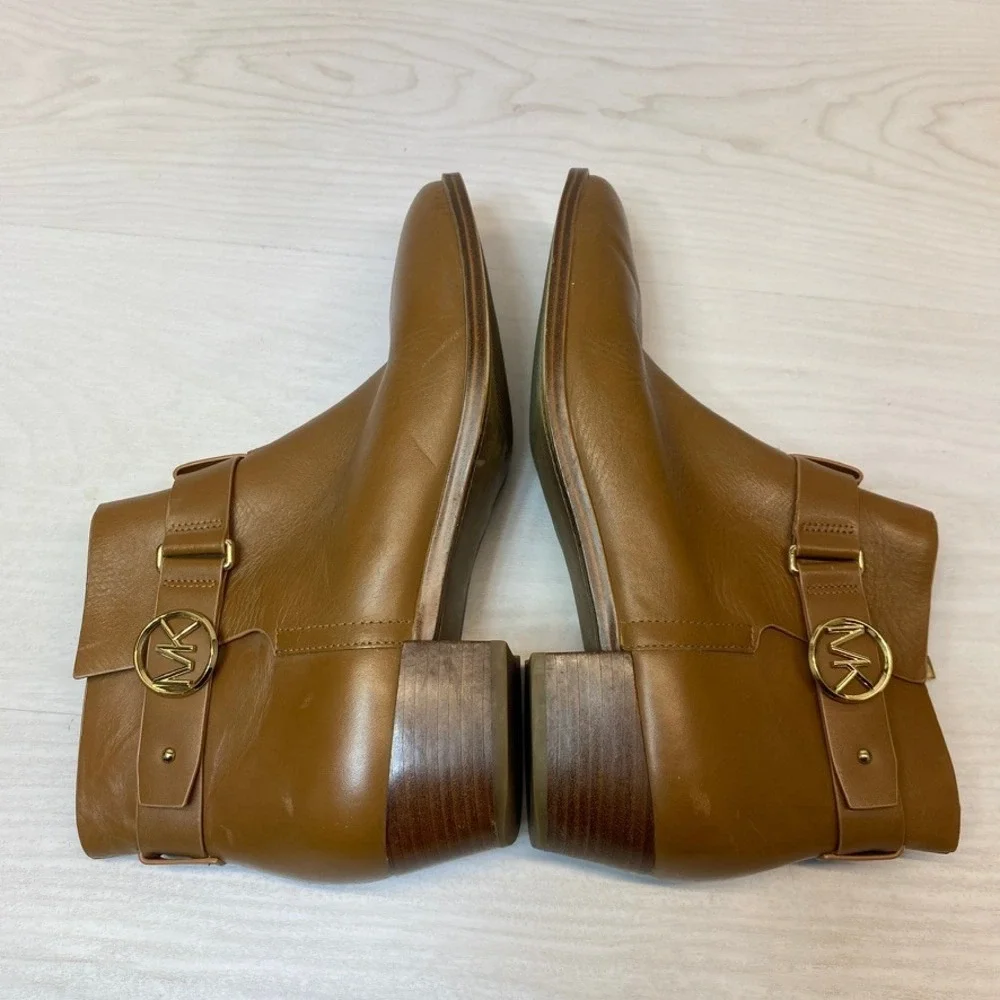 Michael Kors Womens 10M Ankle Boots Leather MK Buckle Brown Logo Booties